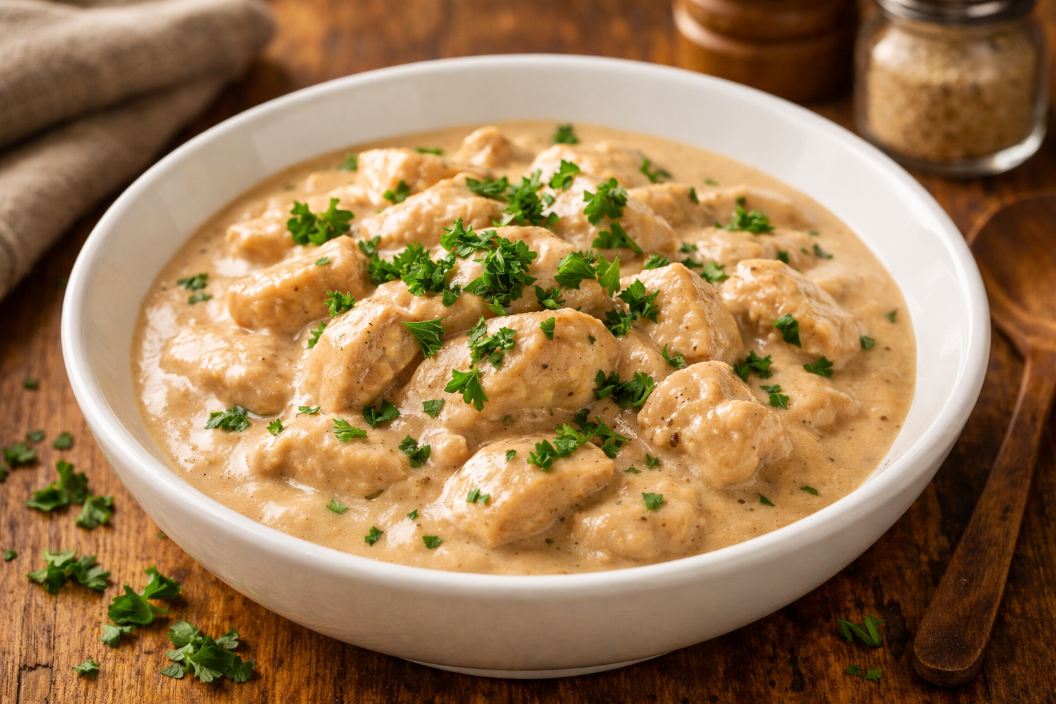 Strogonoff de Frango com Biomassa de Banana Verde